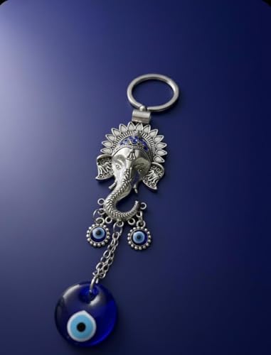 Image of Shasha Creation Lord Ganpati Ganesha or Ganeshji Evil Eye Good Luck Metal Hook car hanging and home decor (Blue and Silver) Evil's eye hanging with Shree Ganesha face