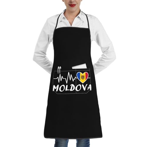 nopicsn Moldova Heartbeat Apron for cooking with Pockets Women Men Kitchen Chef Funny Aprons