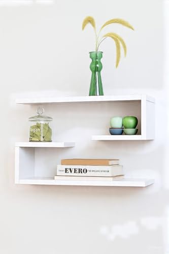 Image of Multifunctional 2 Wall Shelves and Storage Rack | Engineered Wood Painted Book Shelf Multipurpose Home Decor Storage Shelf Display Organizer for Living Room & Bedroom (White)