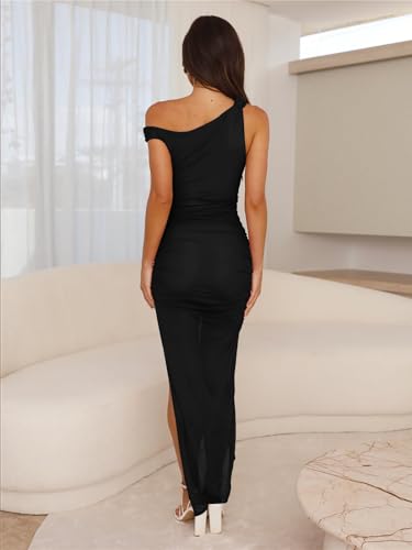 Women's Party Dress Off Shoulder Asymmetrical Neck Mesh Ruched Bodycon Sleeveless Cocktail Prom Long Midi Dresses - Image 7