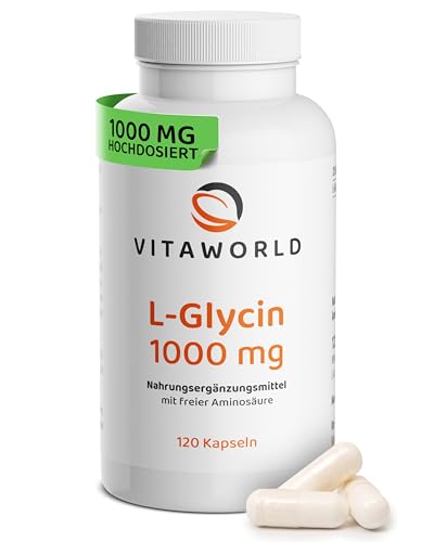 L-Glycin - Glycin hochdosiert 1000mg pro Tag (120 vegane Kapseln) - 4-Monatsvorrat - optimal dosiert - von Natur aus süß - ohne unerwünschte Zusätze, laborgeprüft, glutenfrei & laktosefrei - vitaworld