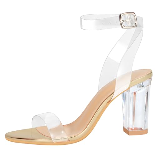 Image of ZriEy Clear Block Sandals Chunky Heels for Women 3.35 Inch Open Toe Adjustable Ankle Strap Pump Sandals for Weddings Parties Daily Wear
