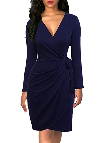 Berydress Women's Chic Faux Wrap V-Neck Sheath Knee-Length Long Sleeve Office Wear to Work Dress Belt (XL, 6090-Navy)