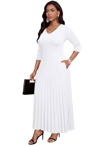 Image of FANDEE Women's V-Neck Pleated Maxi Dress A-Line 3 /4 Sleeve with Pockets