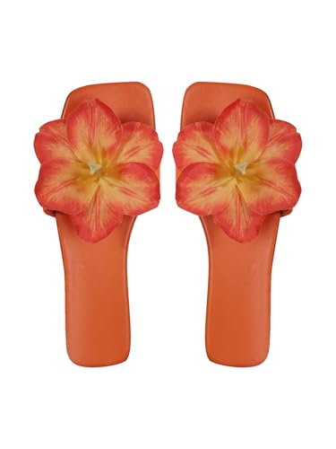 OYOANGLE Womens 3D Floral Boho Sandals Square Open Toe Slip On Slides Summer Beach Flats Orange 9