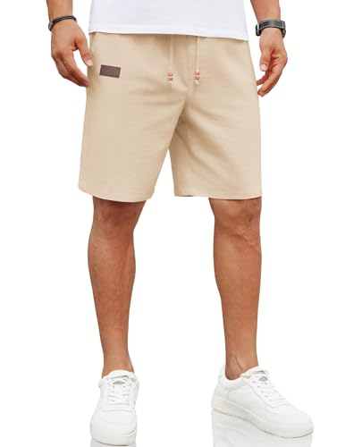COOFANDY Shorts Herren Kurze Hosen Leinen Shorts Sommerhose mit Gummizug Leinen Hose Strandshorts Regular Fit Leinenhose mit Taschen Helles Khaki L