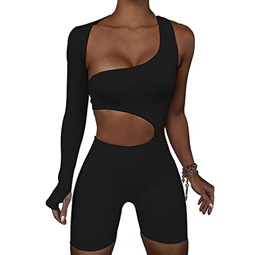 Lufeng Women's Sexy Cut Out One Shoulder Long Sleeve Jumpsuit Short Bodycon Romper Clubwear Black #TOP28