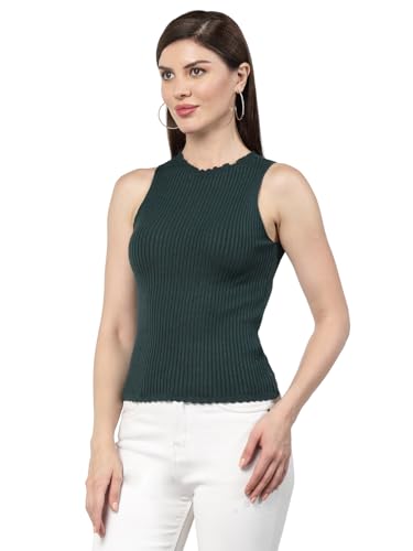 Image of Kalt Womens Knitted, Ribbed Cotton Fitted Sleeveless Round Neck Cami Tank Top