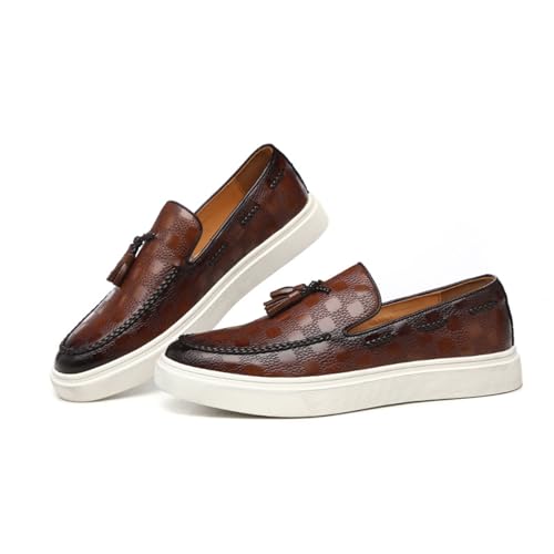 Image of Zeberfi Men's Plaid Pattern Leather Slip On Tassel Loafers Fashion Round Toe Low Top Non-Slip Luxury Business Casual Shoes