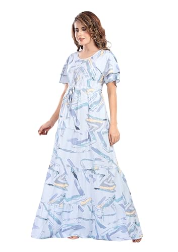 Image of NIGHT SHADES | Alpine Frock Style Designer Nighty |Women's Abstract Print Maxi Dress | Ruffle Sleeve |Cotton Blend| Women Nighty | Nighty for Women | Gown |