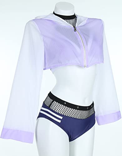 haikyuu Women Anime Derivative Bikini Set with Cover Up Jacket Halter Mesh Top and Shorts Two Piece Bathing Suit2