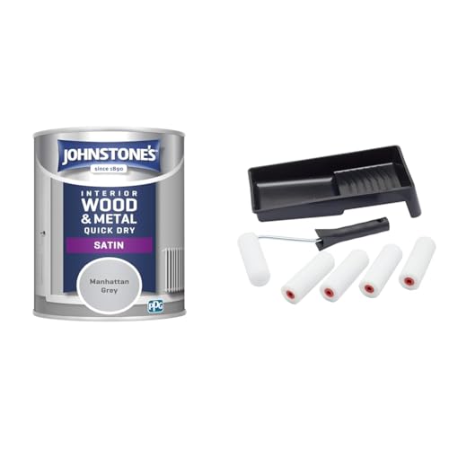 Johnstone's Quick Dry Satin, Manhattan Grey, 750ml & Fit For The Job 7 pc Foam Mini Paint Roller Set for Painting with Gloss & Satin