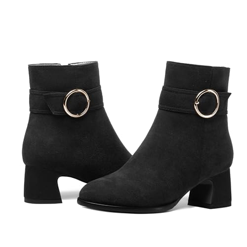 SHOWFOREST Womens Round Toe Travel Buckle Suede Solid Hiking Ankle Strap Chunky Low Heel Ankle High Boots 2 Inch 6