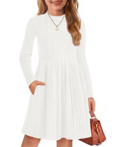 Image of Arshiner Girls Dresses Long Sleeve A Line Knit Sweater Dress with Pockets