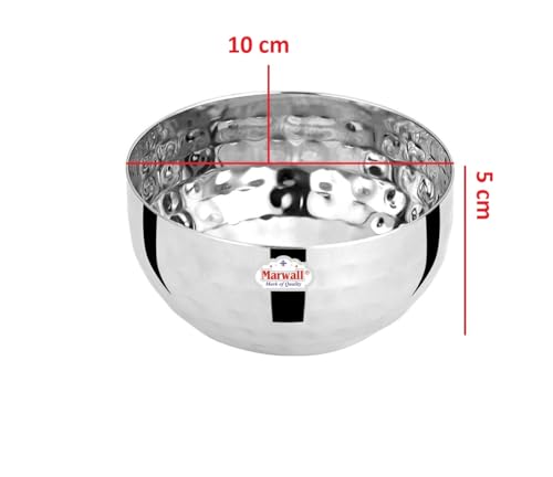 Image of Stainless Steel Serving Bowls Set with Hammered Finish, Traditional Katori for Curry, Dal, Soup, Dessert, 6 Pieces (350ml, Hammered Finish)