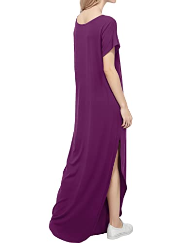 Image of Match Women's V-Neck Casual Loose Short Sleeve Long T-Shirt Dress Split Maxi Dress with Side Pocket