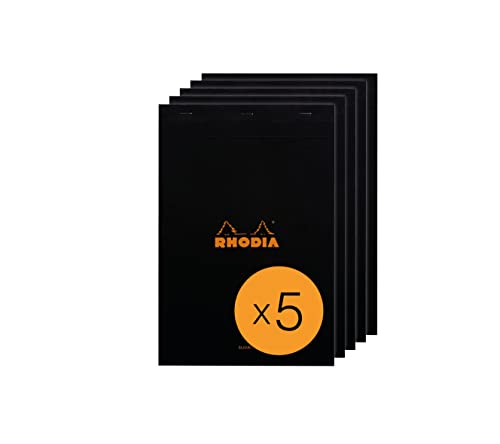 Rhodia 190009C - Packung mit 5 Notizblöcken geheftet No.19 A4+ 80 Blätter blanko 80g, Schwarz, 1 Pack