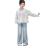 [YJSO] キッズ セットアップ ジャージ 子供服 グリーン おしゃれ 春秋 女の子 パーカー デニムパンツ ロングパンツ 160 パーカー お姫様 上下セット カジュアル デニムパンツ カジュアル ゆったり 春秋 キッズ服 ジュニア ガールズ 通学