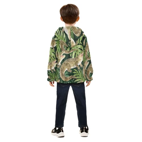 Crocodile and Leaf Pattern Print Toddler Fleece Jacket Girl Boys Hooded Fleece Jacket Coat Warm Outwear Zip-up 3-10T4