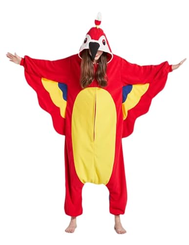 DarkCom Tier Onesie Halloween Cosplay Roter Papagei Kostüm Karneval Einteiliger Pyjamas Jumpsuit für Frauen und Männer M