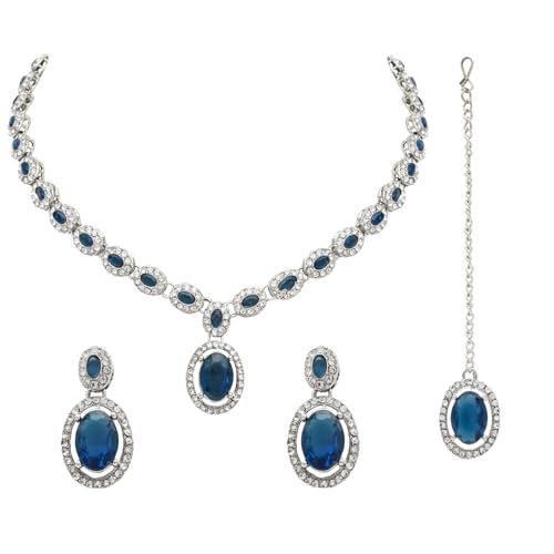 Image of I Jewels Silver Plated Stylish Design Crystal Diamond Necklace With Earrings & Maang Tikka Jewellery Set for Women