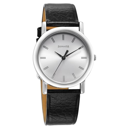 Sonata Classic Quartz Analog Silver Dial Black Leather Strap Watch for Men-NS7987SL06W/NT7987SL06W