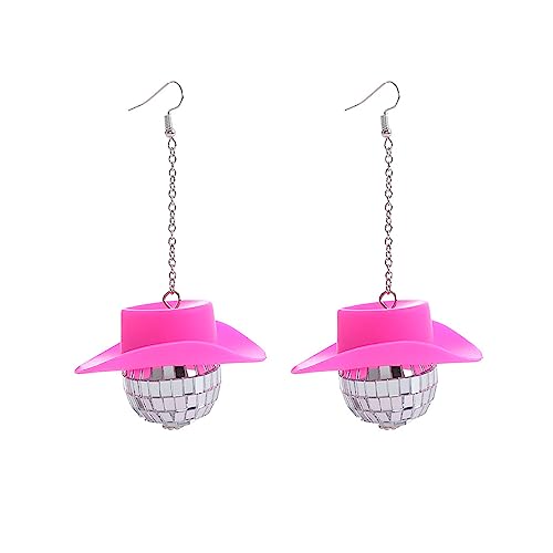 Pink Disco Ball Earrings for Women Cowgirl Hat Earrings Costume Accessories Jewerly Halloween Party