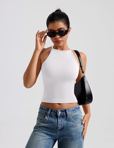 TDIFFUN Women Crop Tank Tops 2 Piece High Neck Seamless Ribbed Sleeveless Racerback Summer Going Out Basic Casual Workout Top (Black White, Medium) - image 3