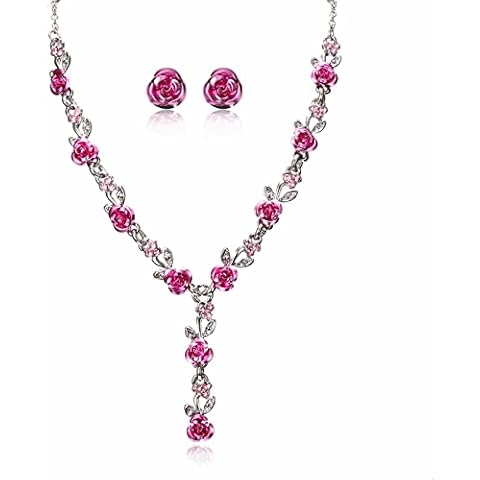 Rose Flower Necklace Earrings Set Crystal Bridal Flower Pendant Necklace Chain Floral Wedding Jewelry for Women Girls Bride Bridesmaids (Pink) Cover