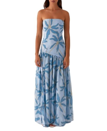 Image of Women Floral Strapless Maxi Dress Y2K Bodycon Tube Long Dresses Sexy Party Formal Cocktail Beach Slit Dress