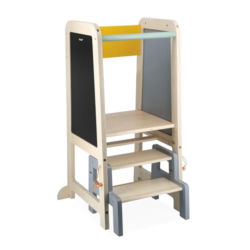 Janod - J09640 Wooden Observation Tower - Adjustable 2 Heights - 1 Removable Step Board, 1 Blackboard, 2 Chalks, 1 Brush - From 18 Months