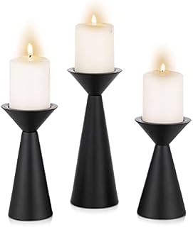 Sziqiqi Geometric Pillar Candle Holders Set of 3 Vintage Metal Candleholder Retro Matte Black Candlestick Holders Centrepiece for Pillar Living Room Coffee Dining Tables Mantle Fireplace Decor