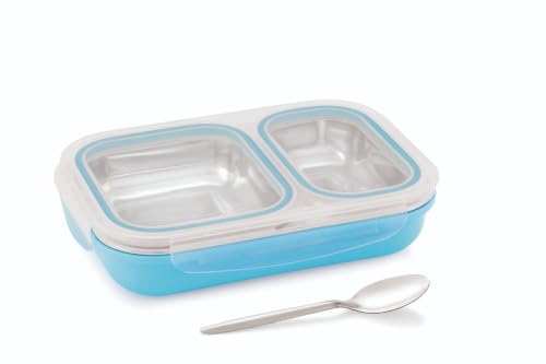 Image of Bento Lunch Box 550ml, Stainless Steel Lunch Box with 2 Compartments & Spoon, Microwave Safe BPA Free Tiffin Box, Leak Resistant Lunch Box for Kids & Adults, Office, School & Travel Blue