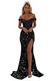 Basgute Women's Sparkly Sequin Mermaid Prom Dresses Slit Long Glitter Black Off Shoulder Bodycon Backless Split Formal Evening Party Gowns for Teens Size 12