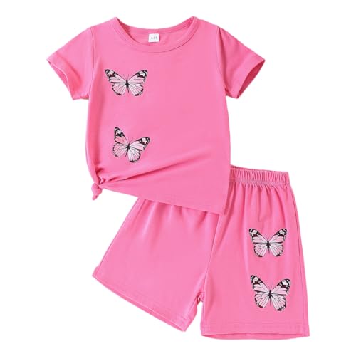Image of Kid Toddler Girl Butterfly Printed Short Sleeve T-Shirt + Waist Shorts Set 2PC Clothing For Summer