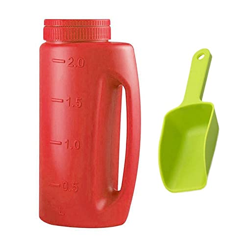 肥料散布器 散粒器 2L 散布穴付きボトル シャベル付き 肥料じょうろ ハンディ散粒器 調節可能 手持ち型 軽量 便利 ポータブル 植物 花 鉢植え 種 芝生 ガーデン 園芸 種まき用の壺 融雪剤散布器 マルチ散布器 レッド -