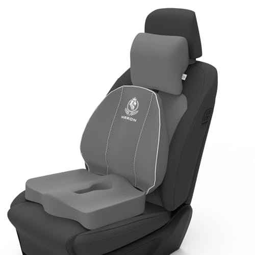 Image of MRRON Memory Foam Posture Corrector Car Seat Cushions Combo | Orthopedic Backrest, Coccyx Cushion & Neckrest | Ergonomic Lumbar Comfort Seat Cushion | Reduces Sciatica, (Grey, Spine Support)