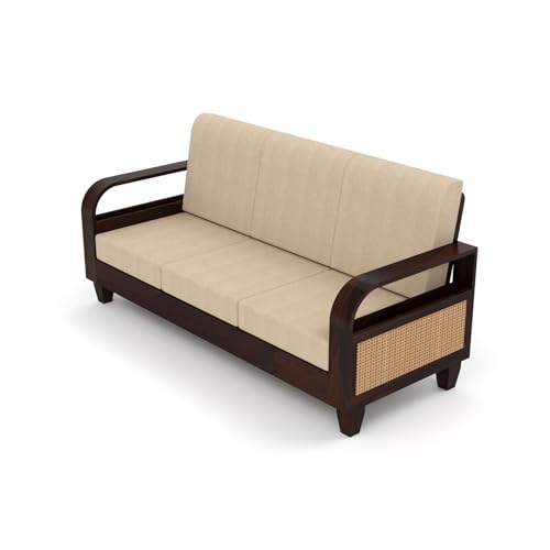 Image of Sheesham Wooden 7 Seater Sofa for Living Room | Solid Wood Sofa with Rattan Cane Side Rack | Rosewood Sofa Set for Home & Office | Lounge (Walnut, 3+2+2 Seater)