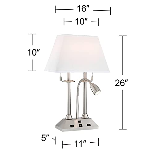 Possini Euro Design Dexter Modern Table Lamp 26" High With Usb And Ac Power Outlet In Base Brushed Nickel Led Reading Light White Linen Shade For Bedroom Living Room House Desk Bedside Nightstand #TOP3