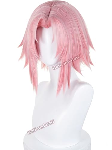 Image of Half and Half Short Pink Anime Cosplay Wig Light Pink Fluffy Spiky Layered Wigs with Widow's Peak for Women Halloween Party Daily
