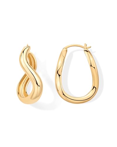 PAVOI 14K Gold Plated Sterling Silver Posts Chunky Wavy Hoop Earrings for Women | Lightweight Statement Twisted Endless Wave Hoops Earrings