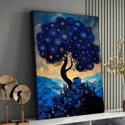 Tableau abstrait arbre bleu : évadez-vous dans un village fantastique