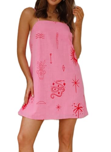 Image of ROAONOCOMO Women Boho Graffiti Cami Mini Dress Spaghetti Strap Printed A Line Short Dress Cute Colorful Sundress