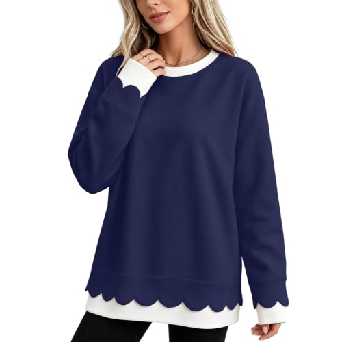 Crew Neck Sweatshirts Women Oversized Cute Scalloped Layered Sweatshirt