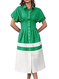 Wenrine Womens Summer Button Down Shirt Dress Casual Color Block V Neck Short Sleeve Corset Maxi Dresses Green