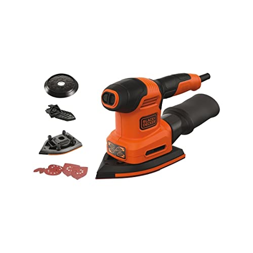 Black+Decker BEW200-QS Lijadora 4 en 1 Mouse/ Rotorbital, 200 W, Incluye 6 Hojas, 2 Platinas y Accesorio para Detalles