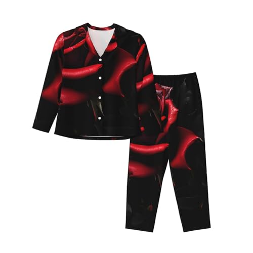 Pyjama 2 pièces rouge imprimé roses pour femme avec un pantalon et un haut à manches longues