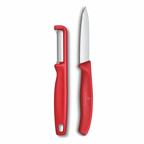 Victorinox Swiss Classic Set di coltelli per verdure con pelapatate, per verdura e frutta, 2 pezzi, Lama extra affilata, Rosso