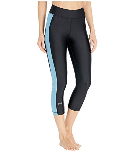 Image of Under Armour UA Heatgear, Three Quarter Leggings Made from Ultralight Fabric, Fast-Drying Workout Leggings for Women Women, Grey (Black/Mobile Blue/Metallic Silver (008)), S