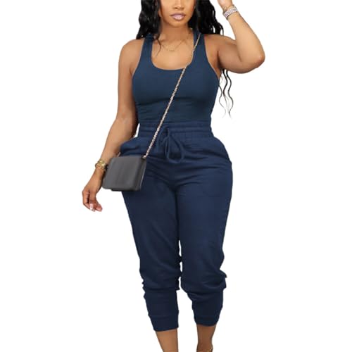 Women’s Fashion Ensemble Sleeveless Polyester Vest Matching Set with Shorts in Green - Navy Blue L